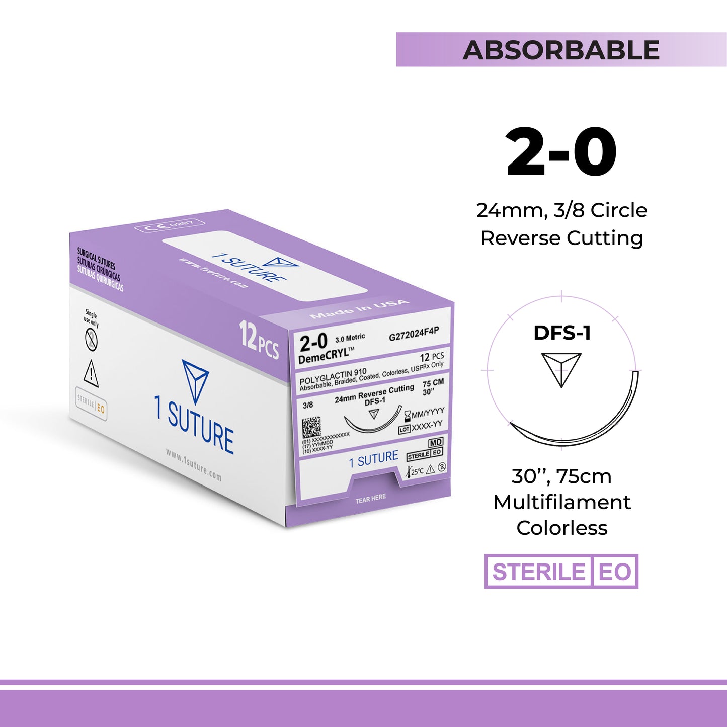 Polyglactin 910 (Vicryl) Box of 12 Sutures