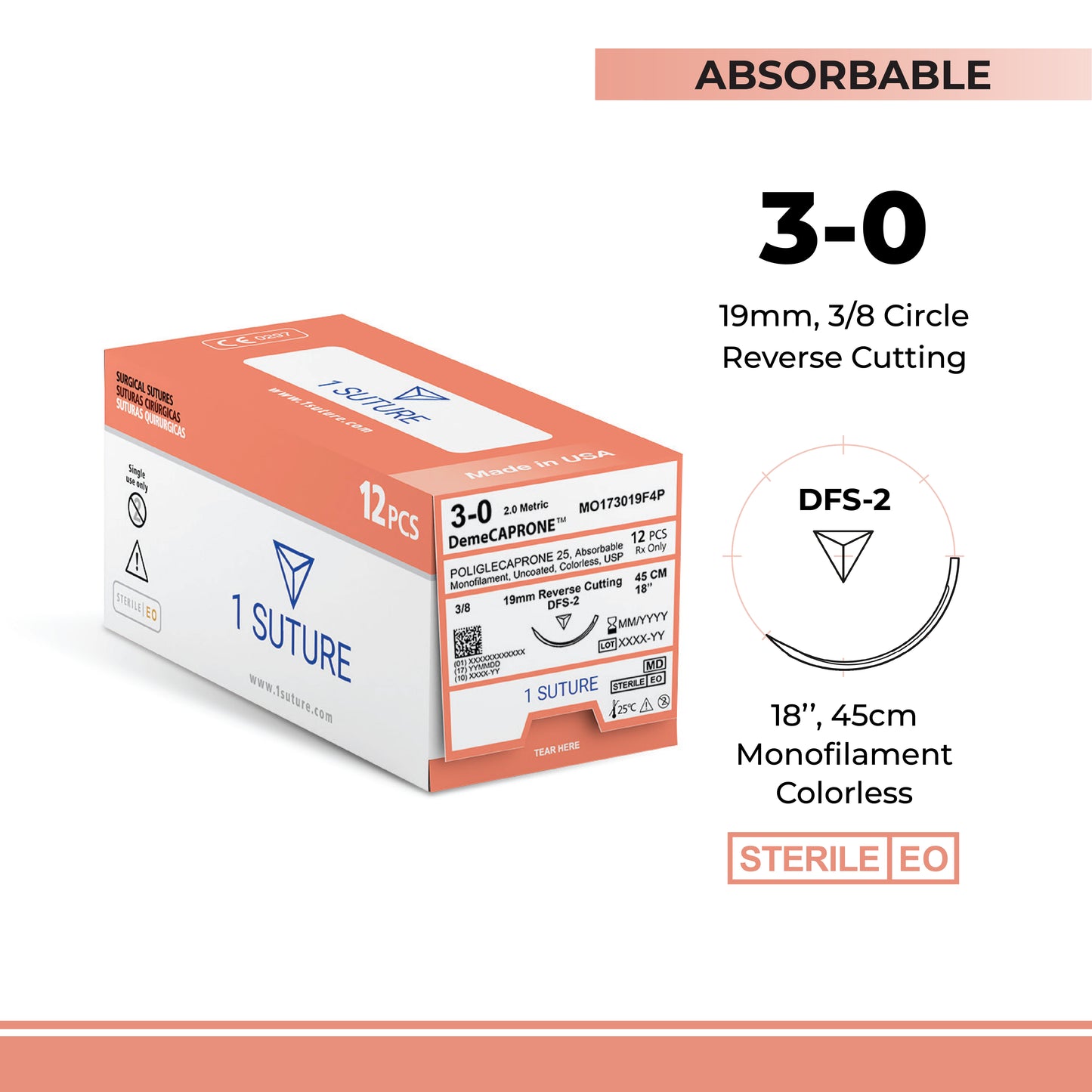 Poliglecaprone 25 (Monocryl* / PGCL), Box of 12 Sutures