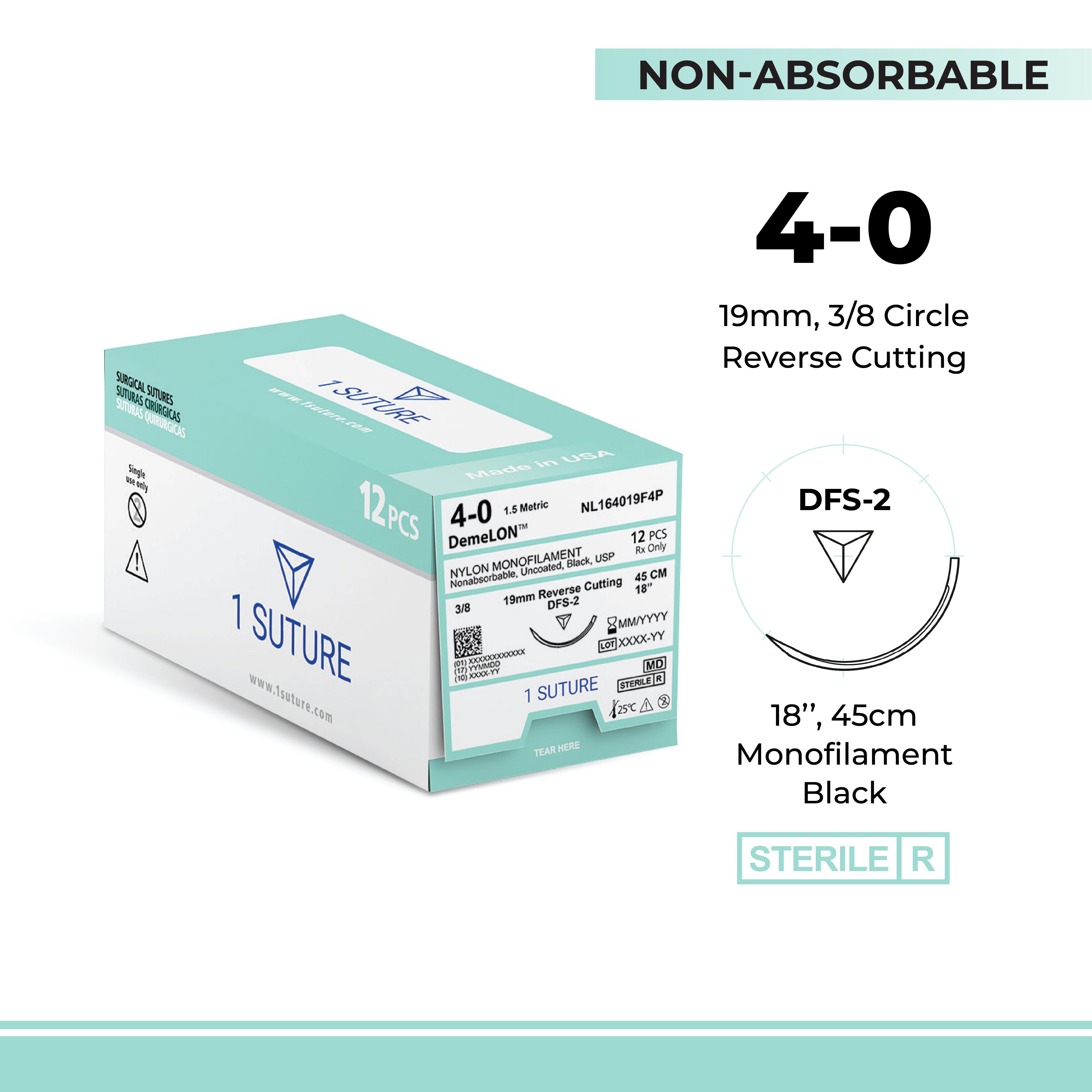 Nylon, Box of 12 Sutures – 1 Suture