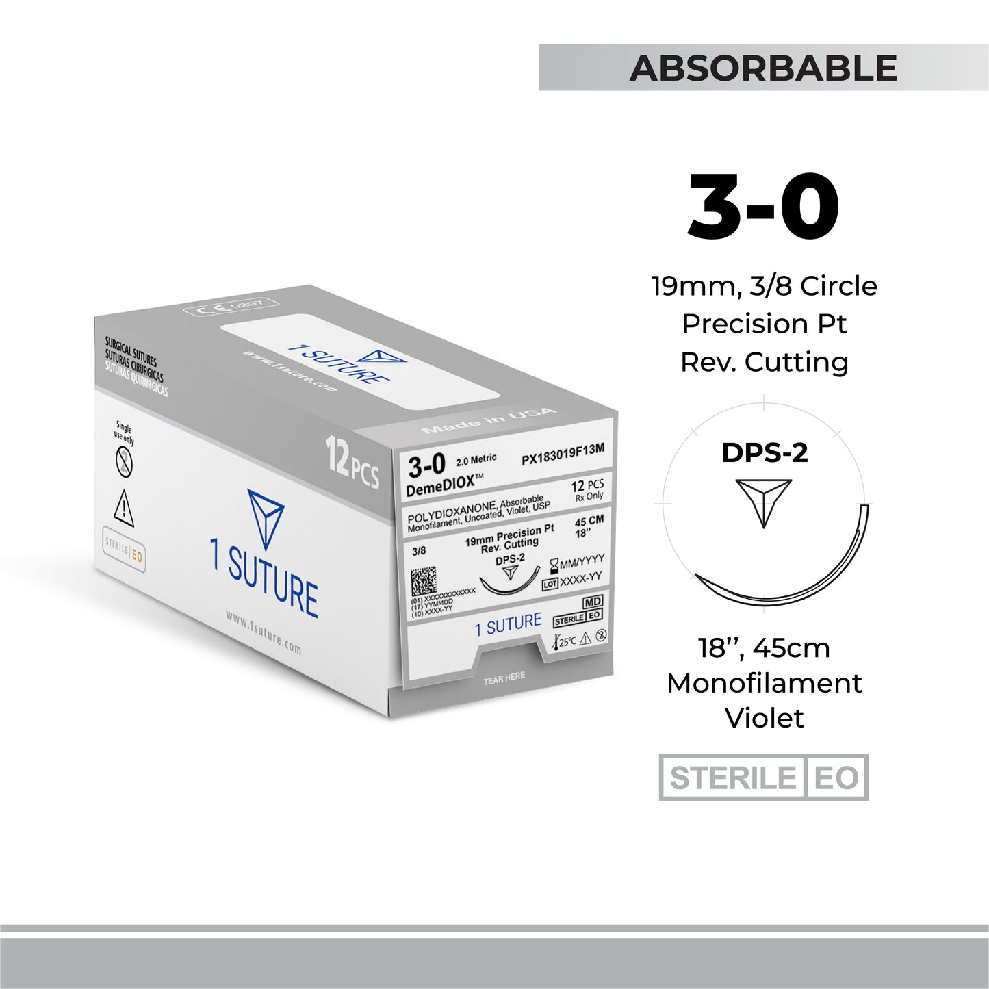 Ultra Sharp Polydioxanone (PDO), Box of 12 Sutures